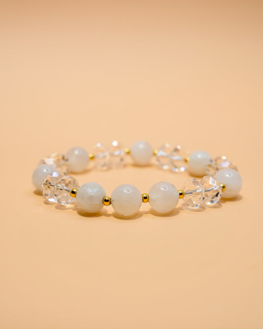 Pulsera de piedra luna con cristal de cuarzo facetado