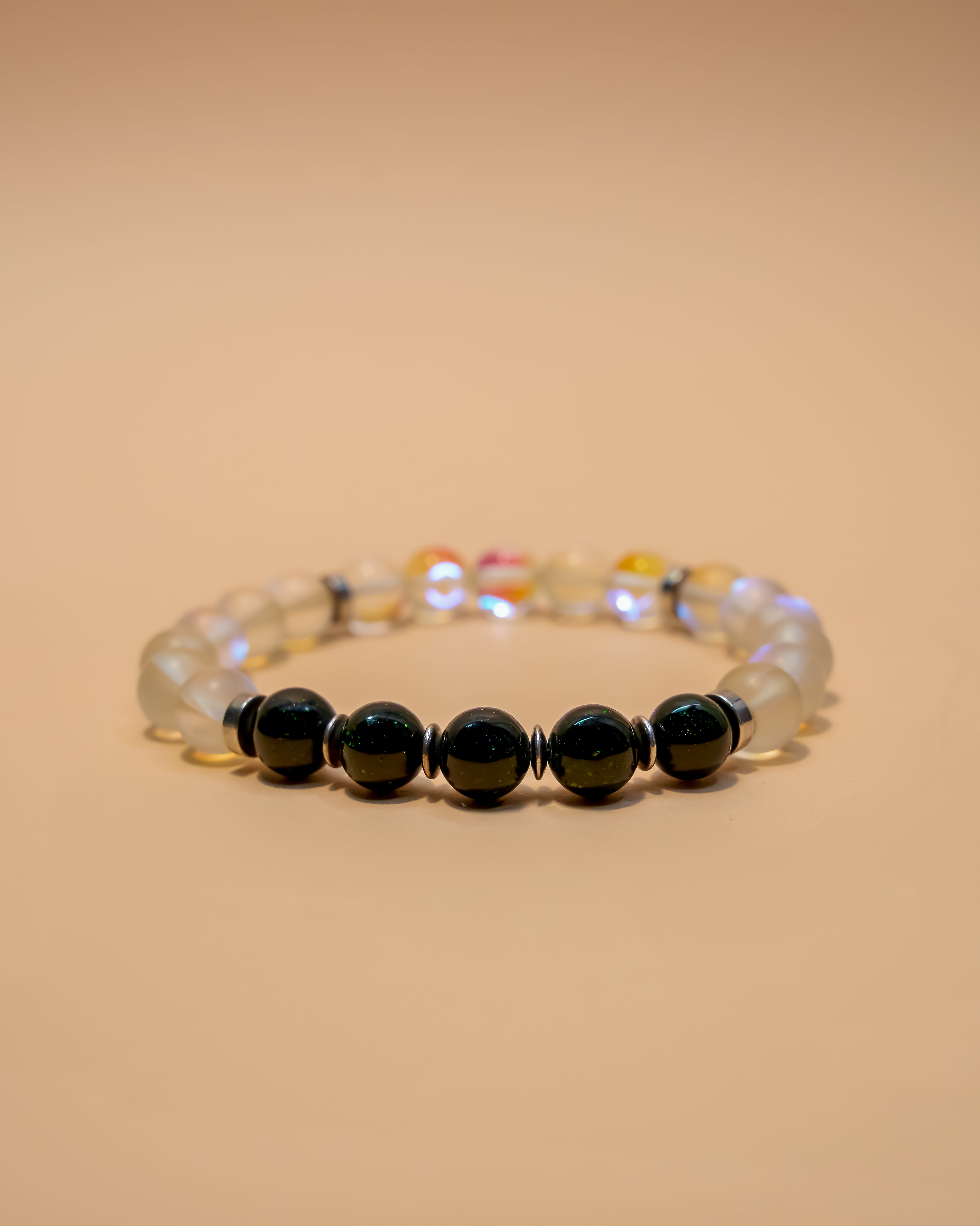 Aura quartz bracelet with shiny obsidian